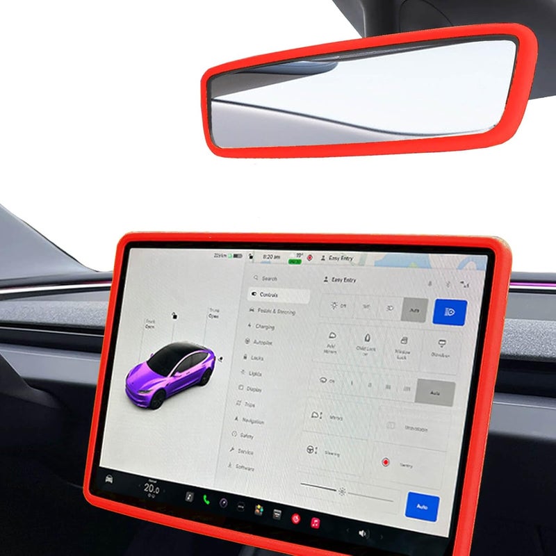 Yeapop 2Pcs Silicone Protector Frames of Screen and Rear View Mirror for Tesla Model 3 2024 Highland and Model Y 2025 Juniper. (Red) - Image 1